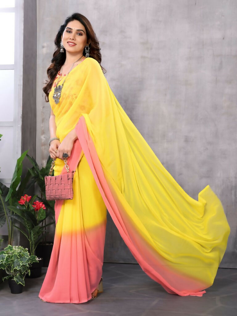 Partywear Designer Yellow & Pink Georgette Fancy Saree - Satrangi | Swadesiicart