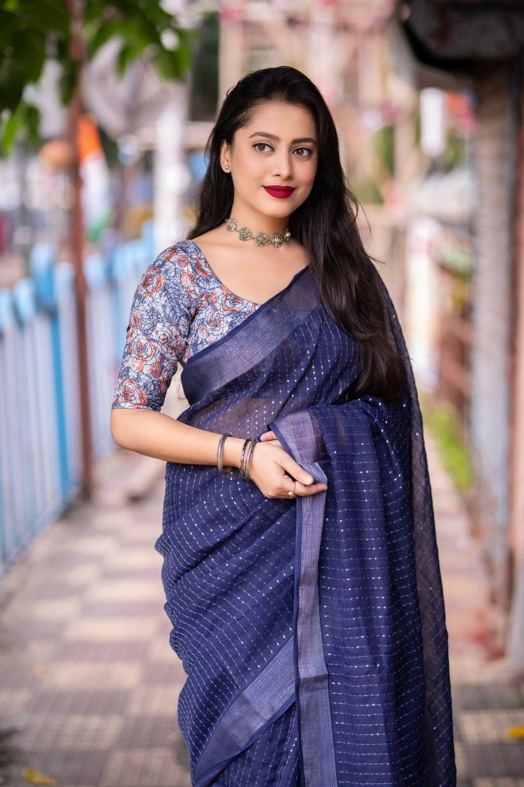 Blue Linen Sequence Saree with Unstitched Blouse - Hiral Fashion | Swadesiicart