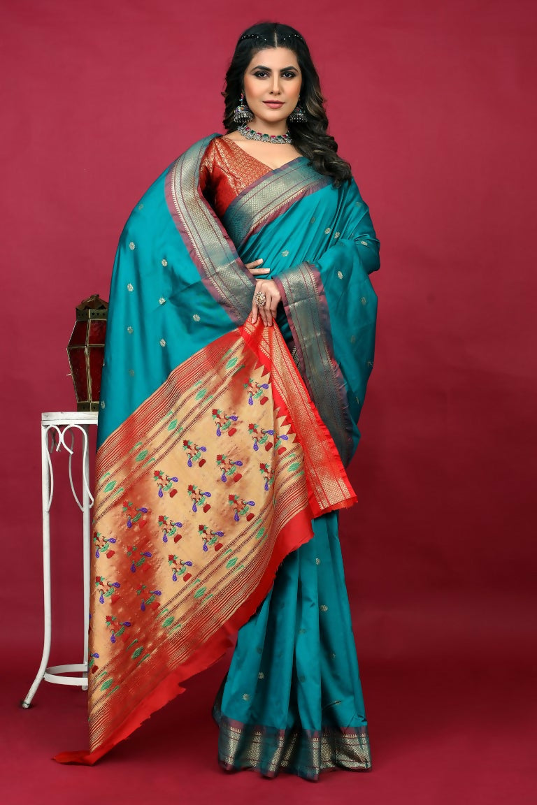 Jyoti Fashion Women's Sky Blue Paithani Silk Zari Woven Saree with Blouse | Swadesiicart