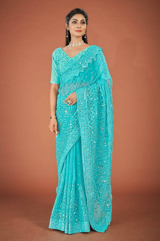 Vamsee Sky Blue Georgette Designer Saree - Swadesiicart