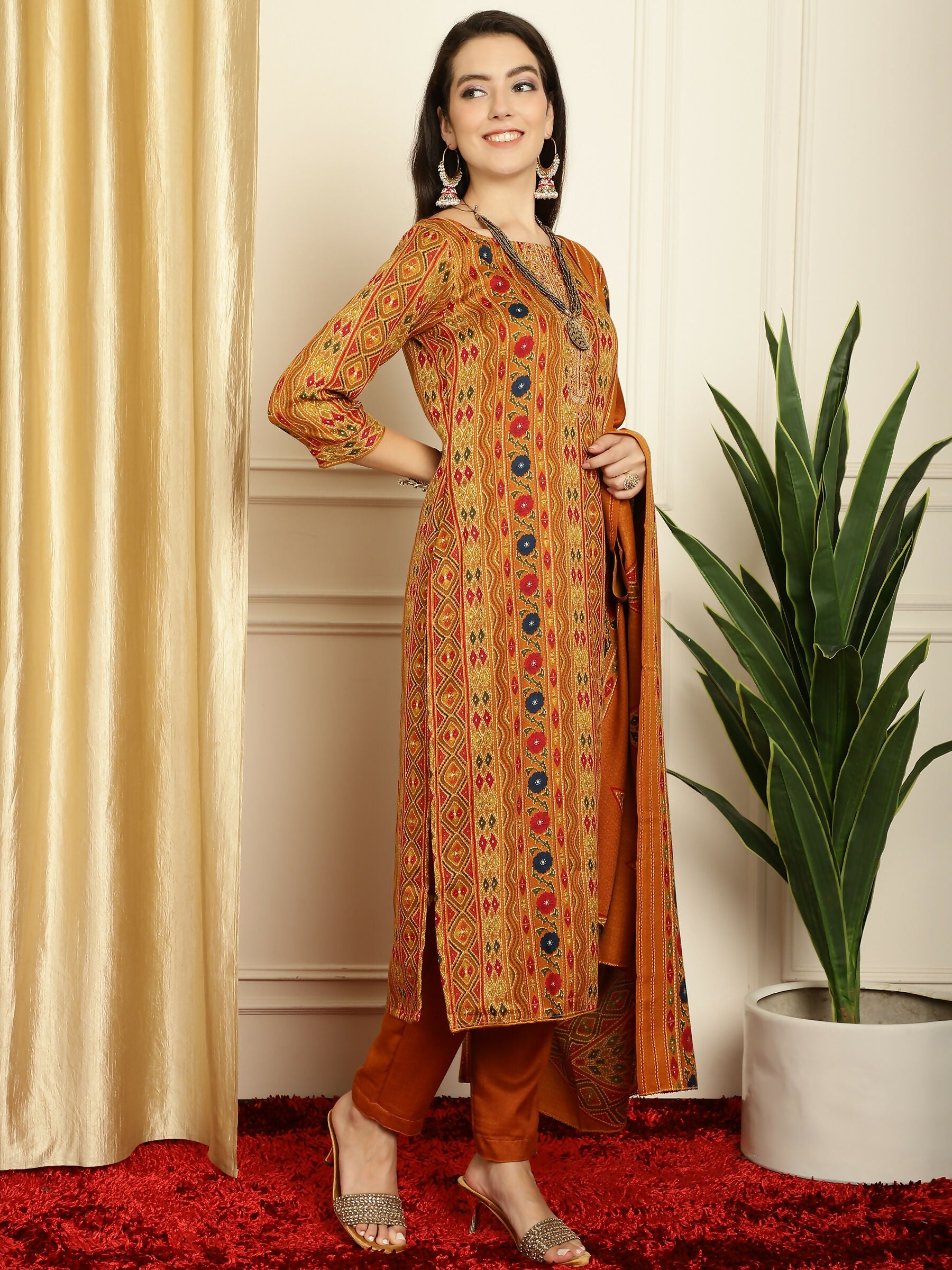 Jyoti Fashion Women's Mustard Pashmina Floral Digital Printed Kurta with Trouser & Dupatta | Swadesiicart