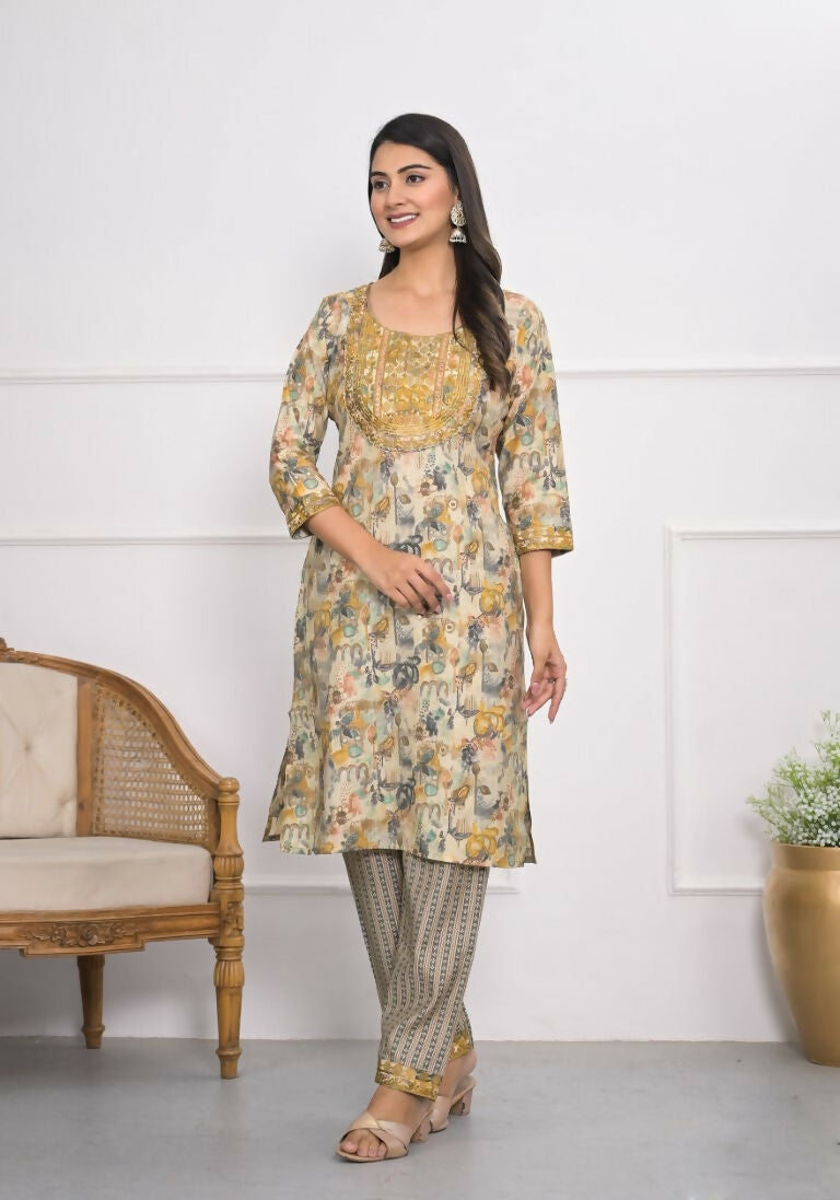 Festive Wear Ethnic Cream chanderi Stitched Suit With Dupatta - Anbazaar - Swadesiicart