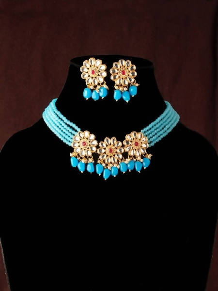 Mominos Fashion Johar Kamal Women's Sky Blue Beads Pearls Gold-Polished Jewellery Set | Swadesiicart