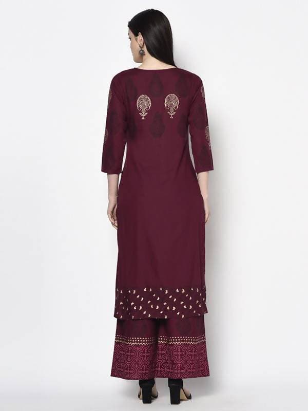 Aniyah Rayon Wine Color Block Print Straight Kurta (AN-175K) - Swadesiicart