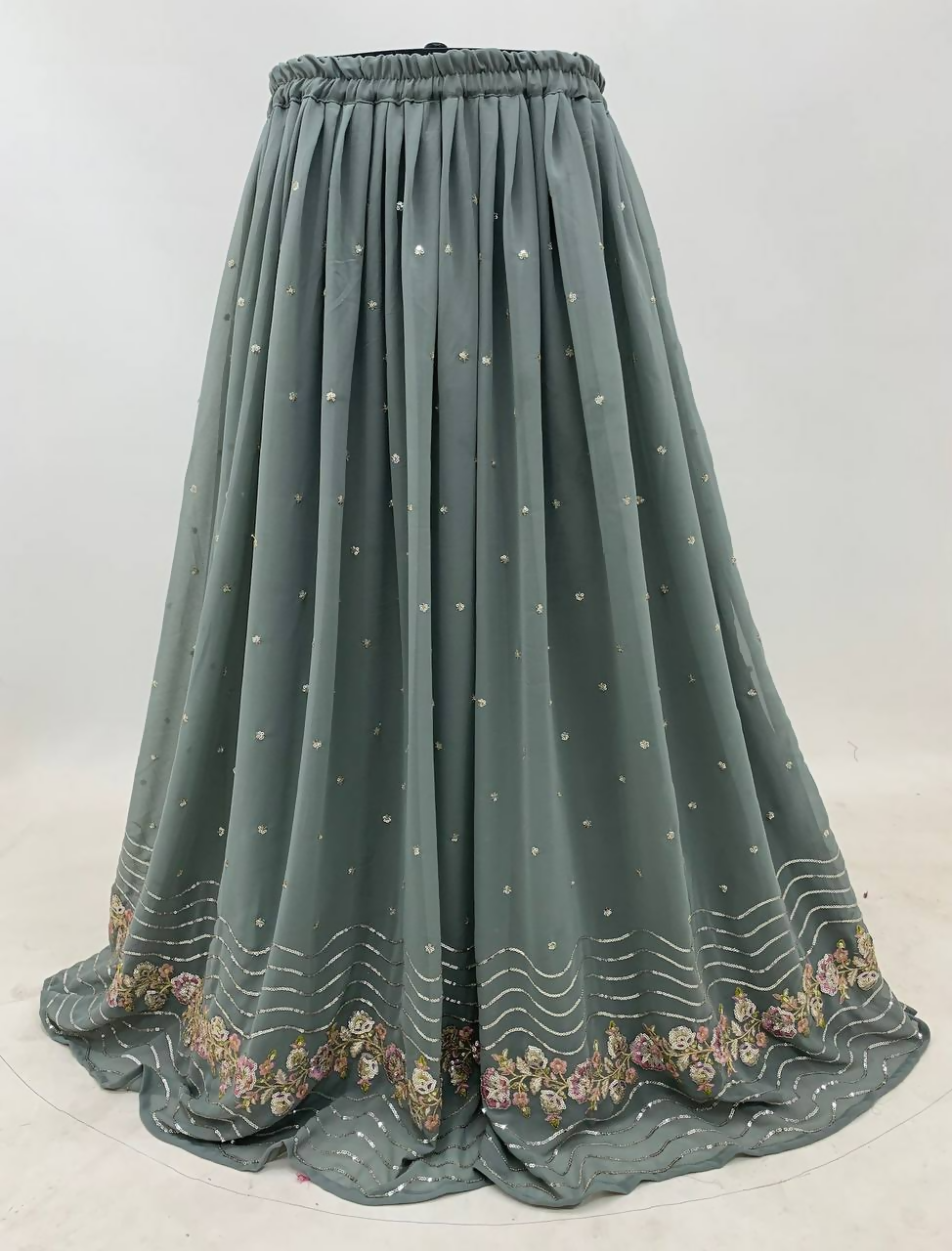 Lorenvalley Fashion Grey Faux Georgette Embroidery with Sequince Work Salwar Lehenga Stitched | Swadesiicart
