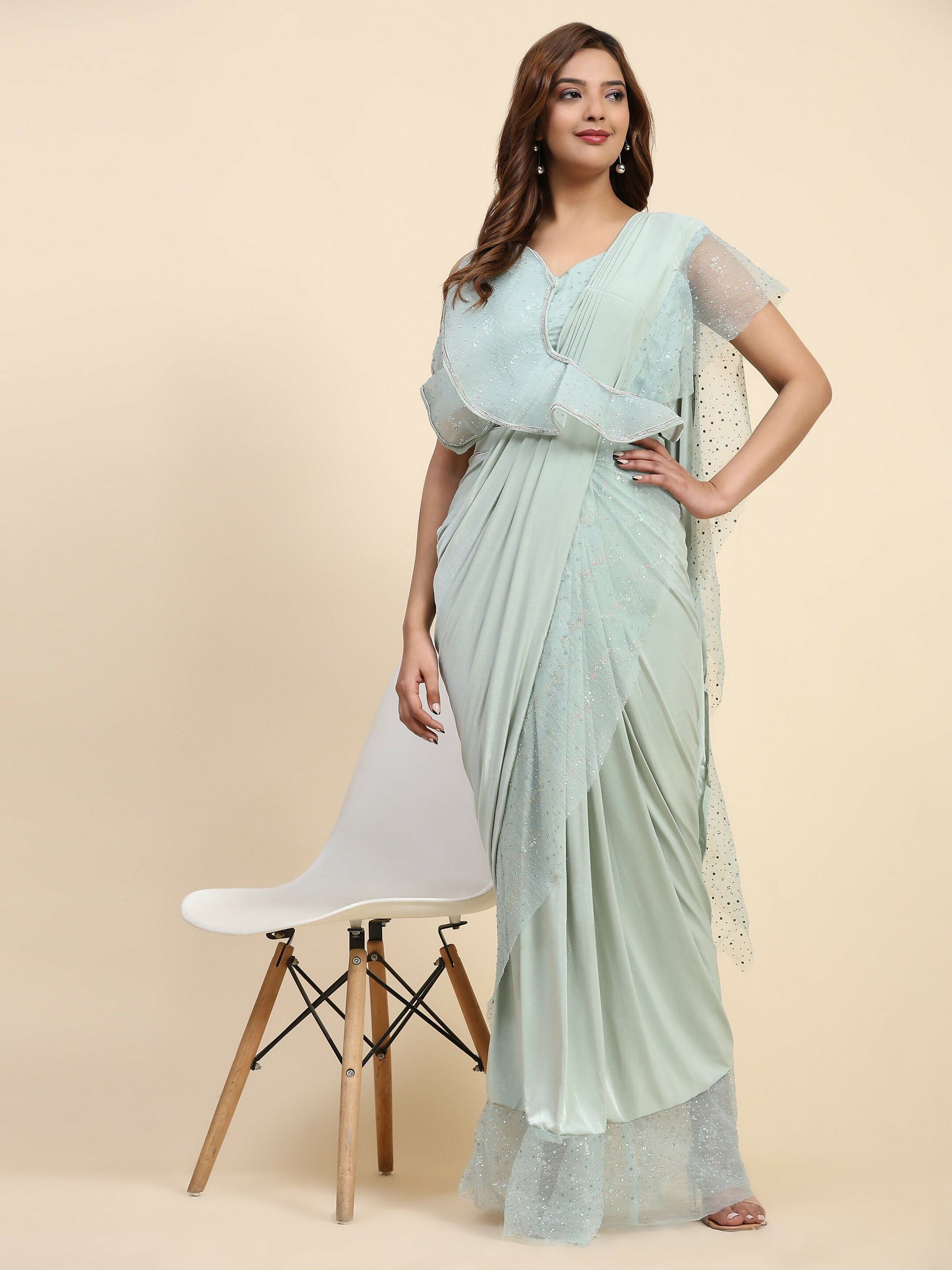 Light Blue Lycra Solid Ready to Wear Saree with stitched Blouse - Nita | Swadesiicart