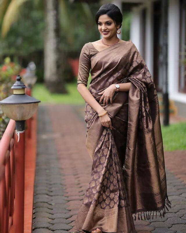 DEIANA'S Beautiful Designer Golden zari Soft Lichi Silk Saree - Brown - Swadesiicart