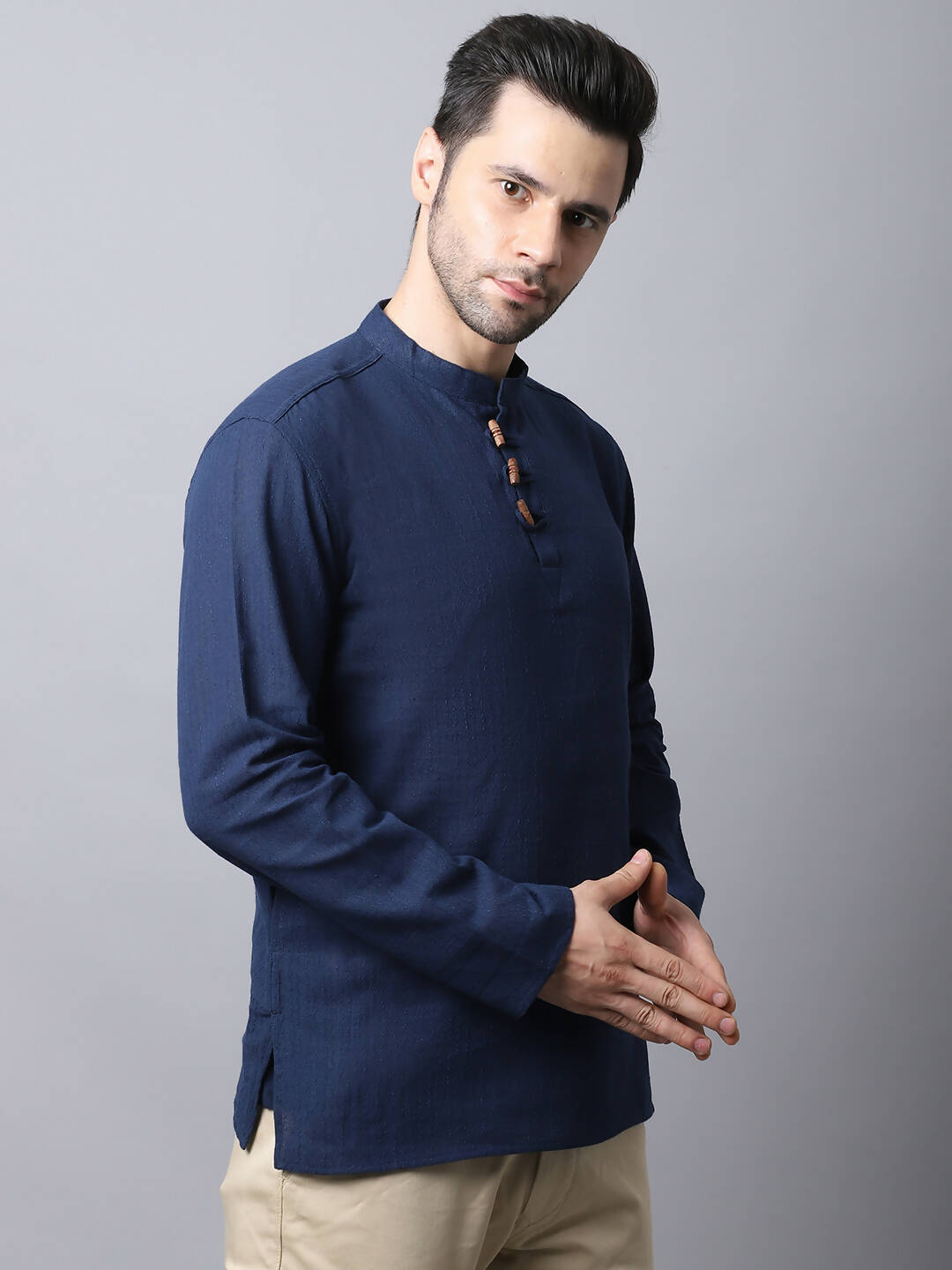 Even Apparels Navy Pure Cotton Men's Kurta With Band Collar | Swadesiicart
