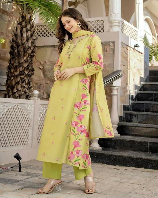 The52 Lemons Women's Beautiful Chanderi Fabric Printed Work Straight Kurta Pant and Dupatta Set - Swadesiicart