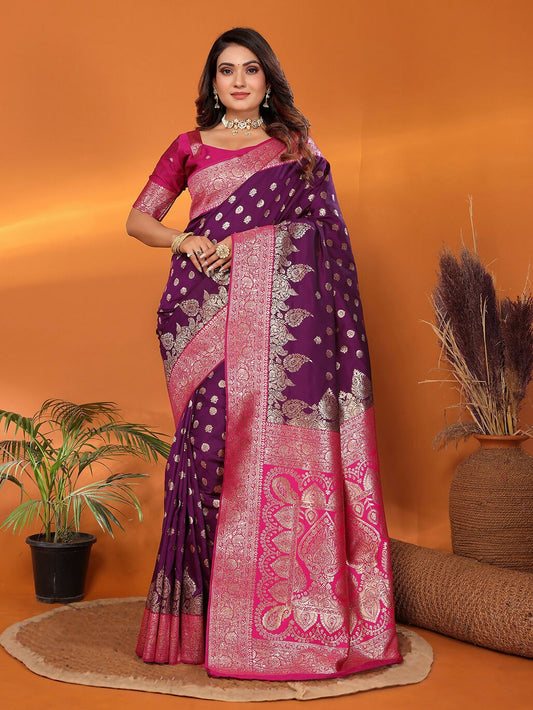 Joban Fashion Banarasi Purple Woven Soft Silk Saree | Swadesiicart