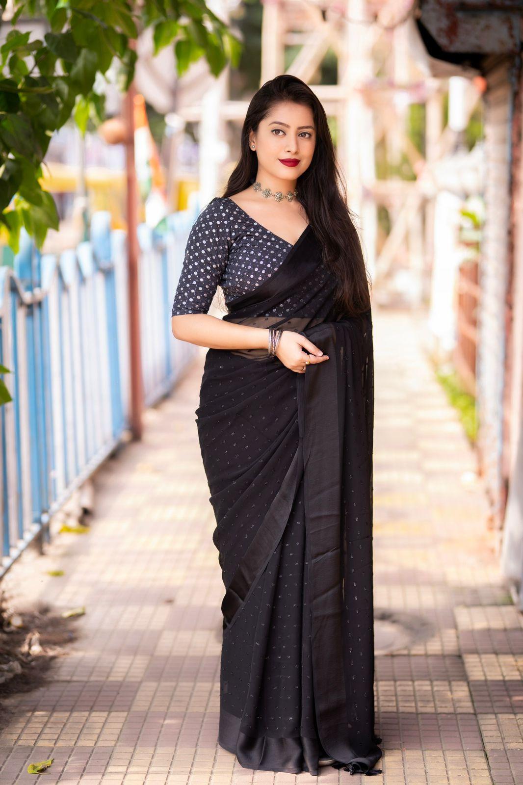 Black Poly Chiffon Woven Design Saree with Unstitched Blouse - Hiral Fashion | Swadesiicart