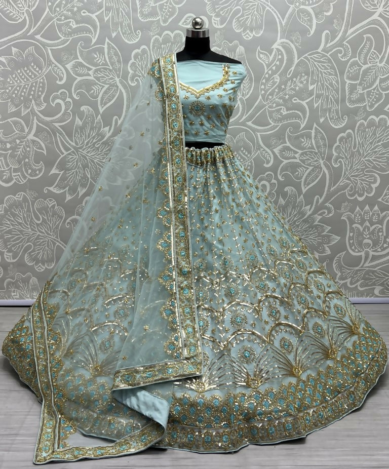 Jyoti Fashion Women's Sky Blue Bridal Net Fancy Sequins with Multi Thread Embroidered & Handwork Wedding Lehenga Choli | Swadesiicart