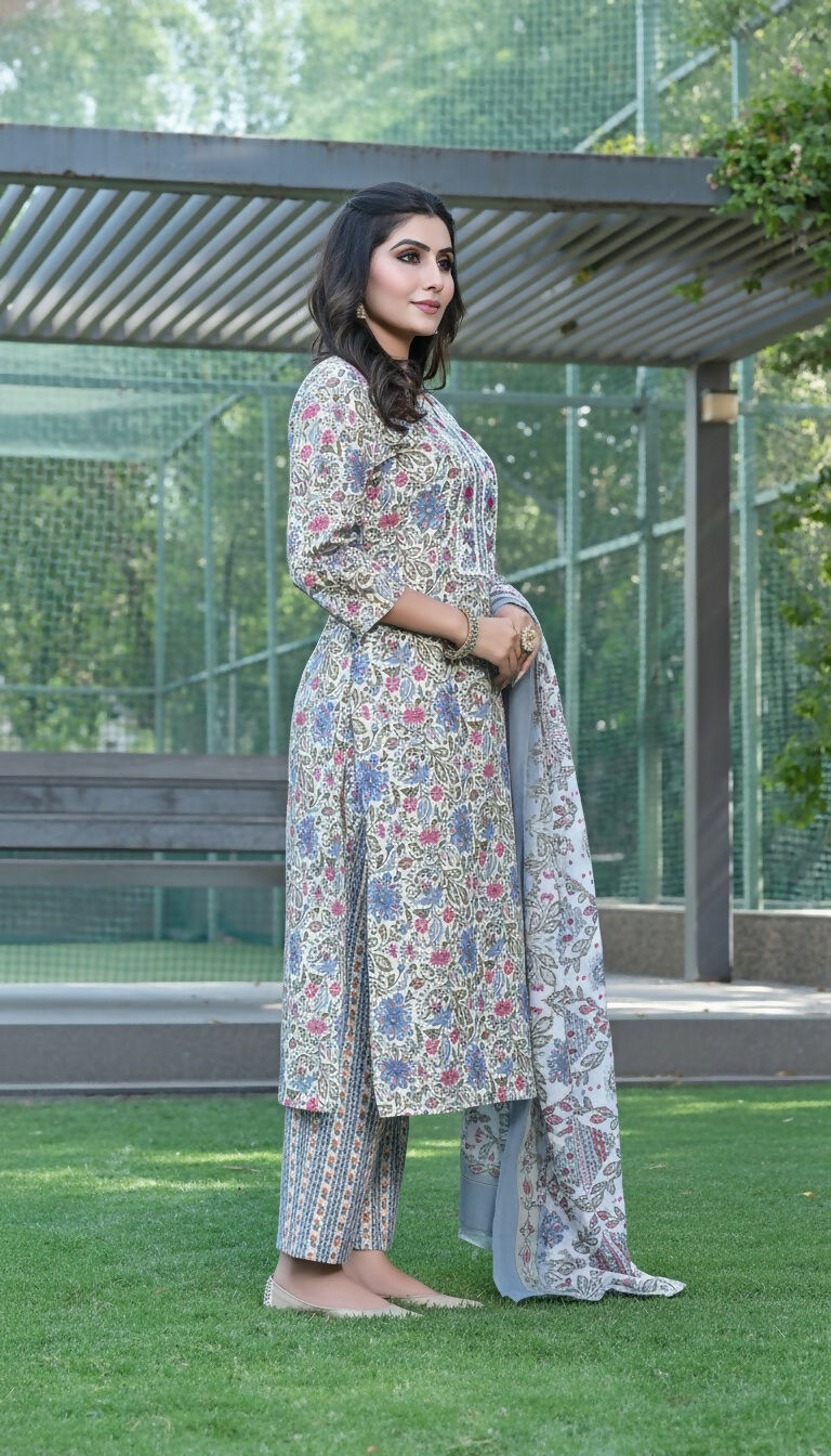 BulBul Fashionista Grey Floral Cotton Kurta Set with Dupatta - Swadesiicart