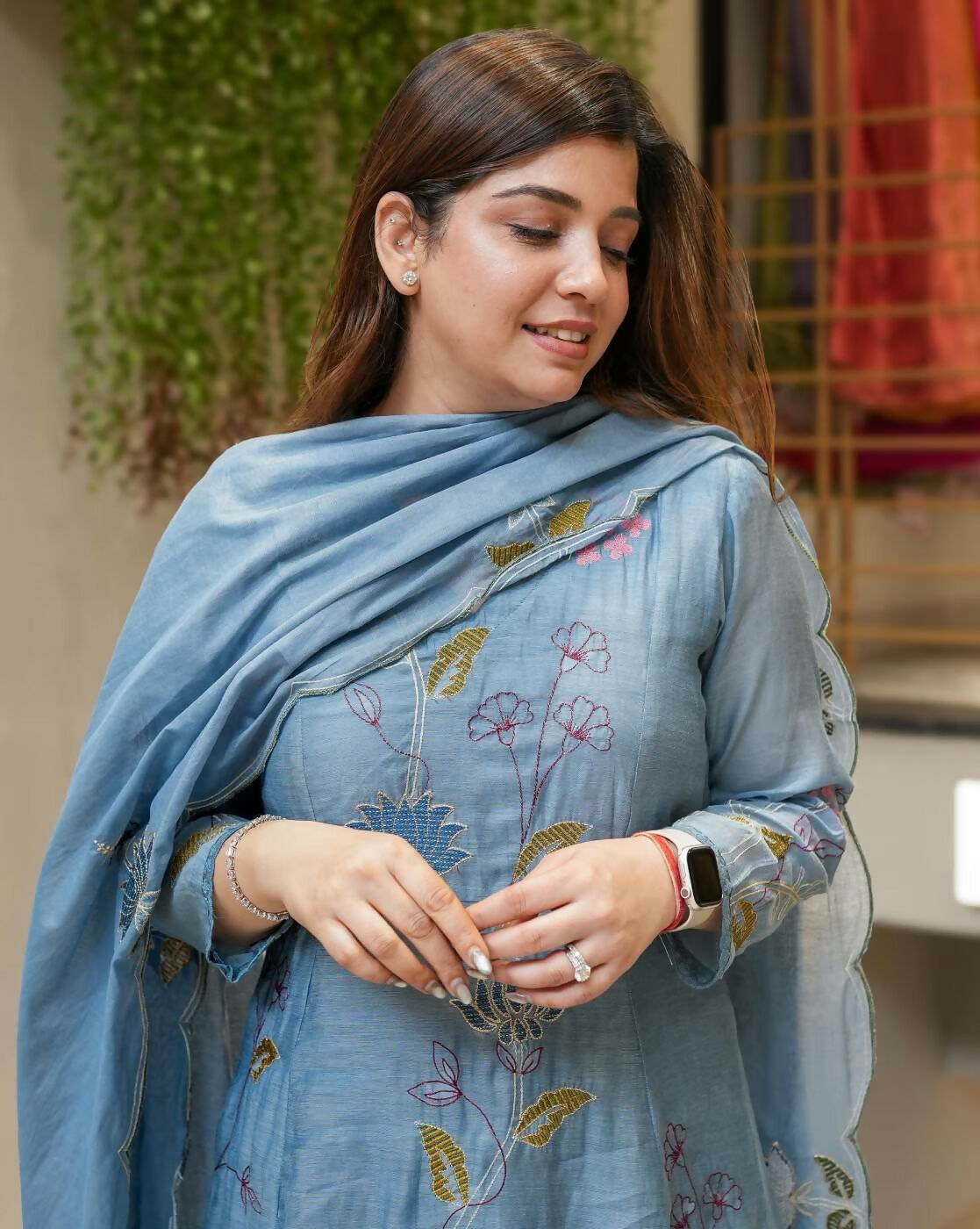 The52 Blue Women's Beautiful Cotton Fabric Thread Work Straight Kurta, Pant and Dupatta Set - Swadesiicart