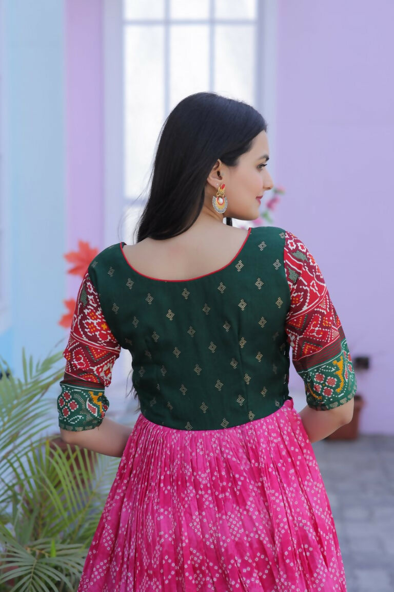 Jyoti Fashion Women's Pink Patola with Foil Print Dola Silk Anarkali Dress | Swadesiicart