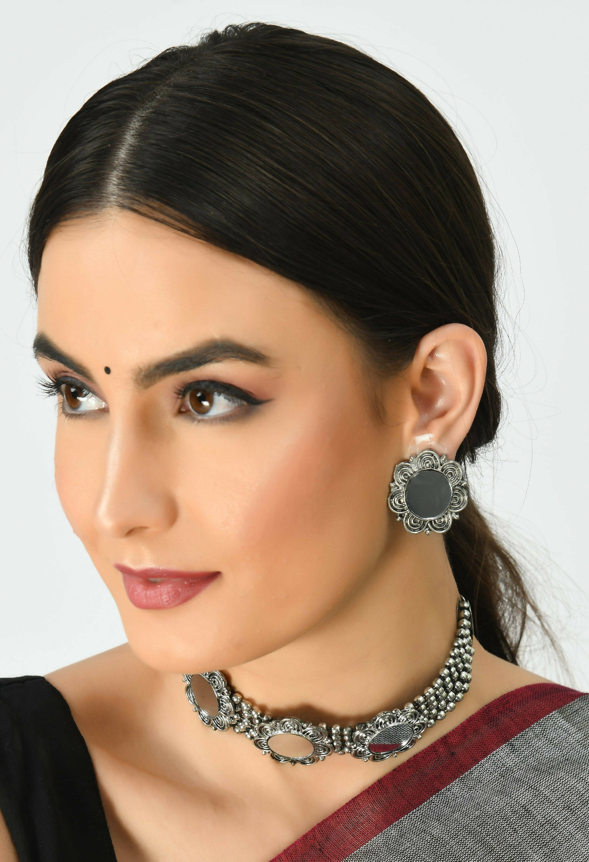 Mominos Fashion Johar Kamal Oxidised Silver-Plated Mirror Design Necklace Choker Set For Women | Swadesiicart