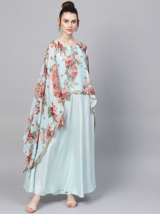 Ahalyaa Aqua Blue Poly Silk Kurta With Attached Printed Dupatta | Swadesiicart