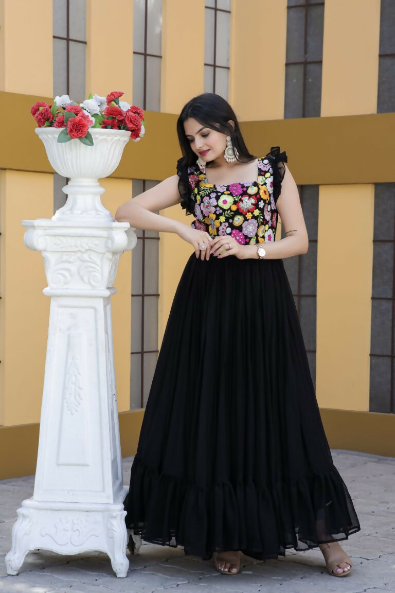 Jyoti Fashion Women's Black Sequins Thread Embroidery Faux Blooming Anarkali Dress | Swadesiicart