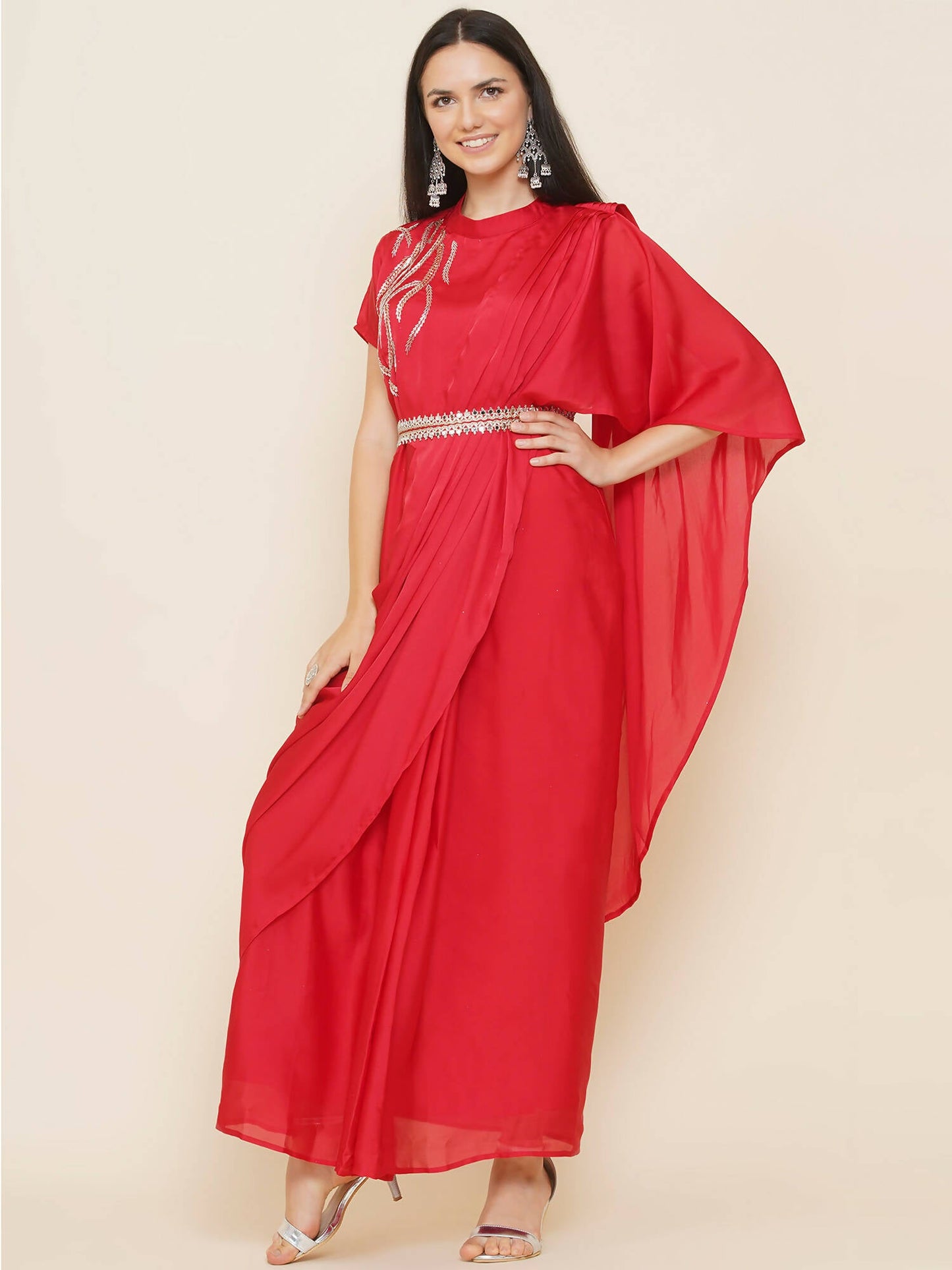 Women Republic Red Hand Embelleshed Gown With Drape | Swadesiicart
