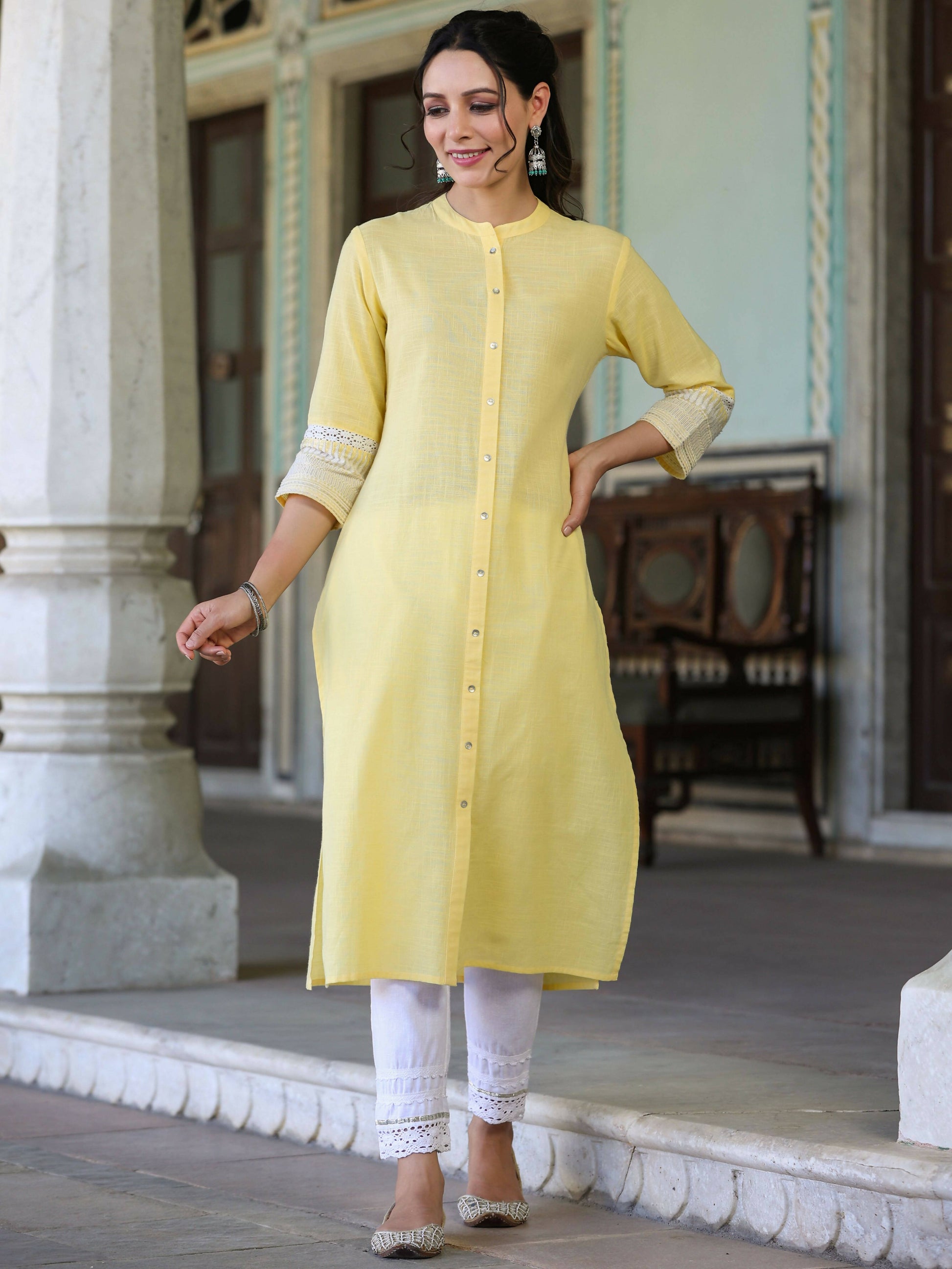 Juniper Women's Yellow Cotton Slub Embroidered Straight Kurta | Swadesiicart