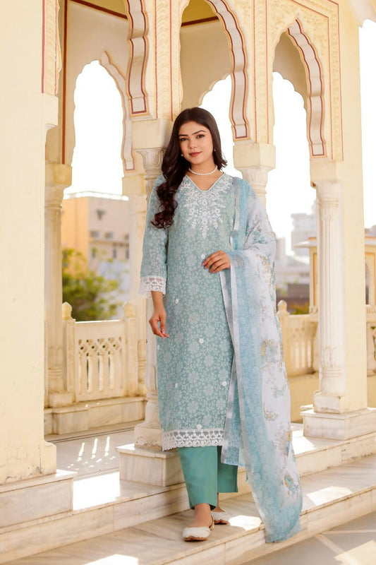 Vaasva Women Sky Blue Linen Floral Printed Kurta, Pant & Dupatta set | Swadesiicart