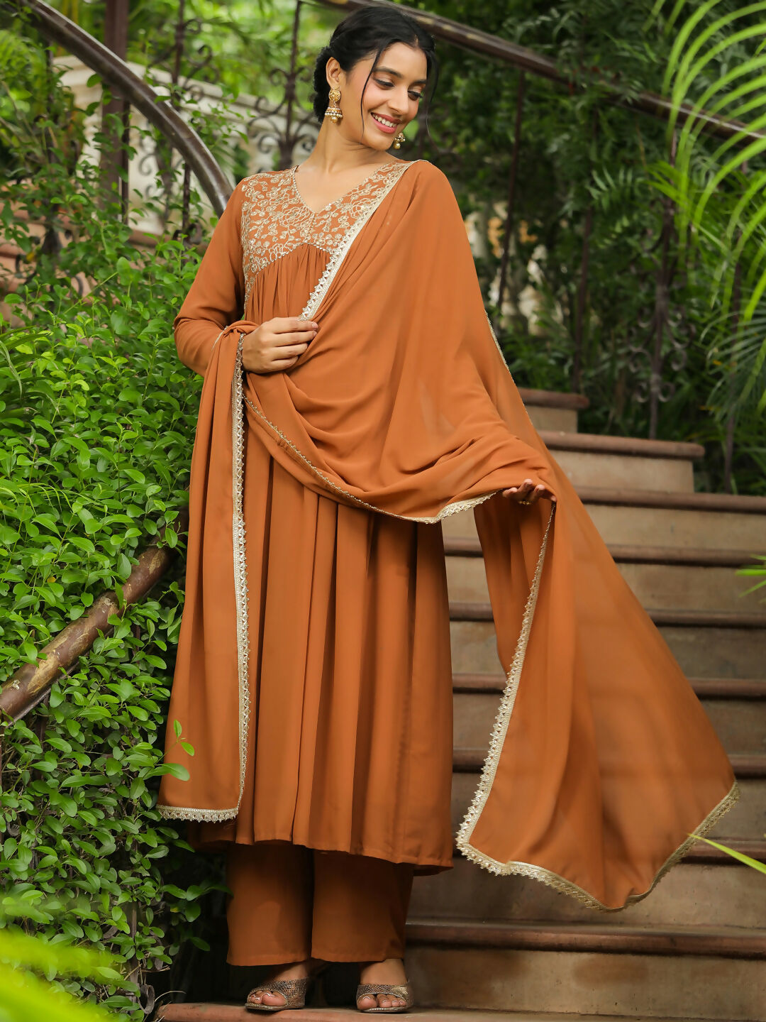 Janasya Brown Georgette Yoke Embroidery Kurta,Bottom & Dupatta | Swadesiicart