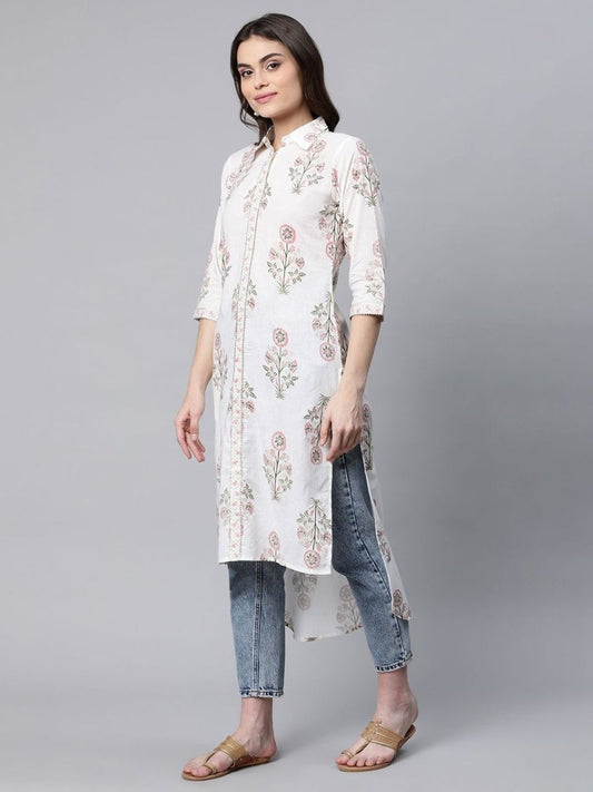 Ahalyaa Women's Off White Pure Cotton Floral Printed Kurta | Swadesiicart