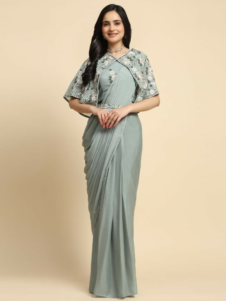 Sea Green Chiffon Solid Ready to wear Saree with stitched Blouse - Aayan | Swadesiicart