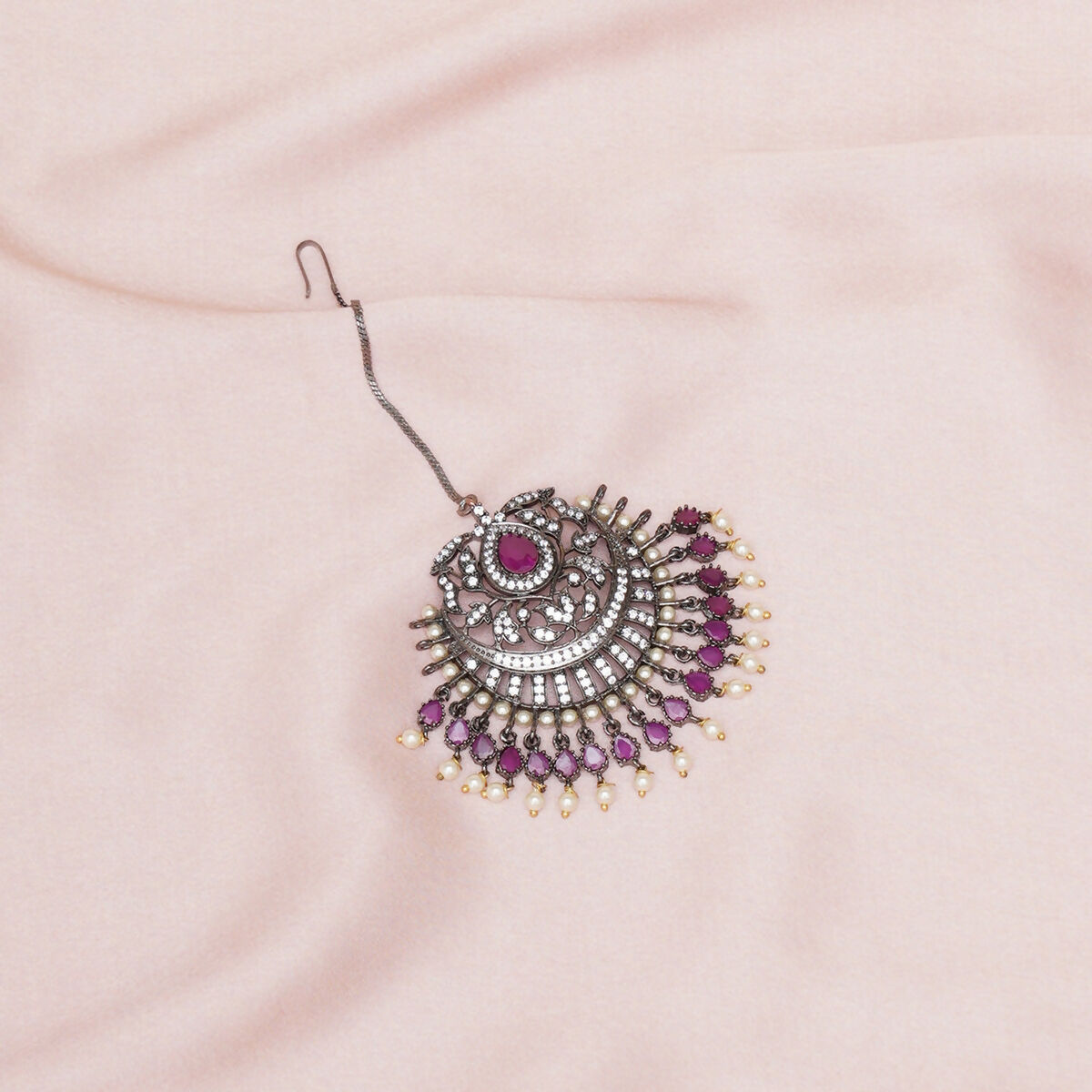 Oversized Diamond & Maroon Stone Maang Tikka- Ruby Raang | Swadesiicart