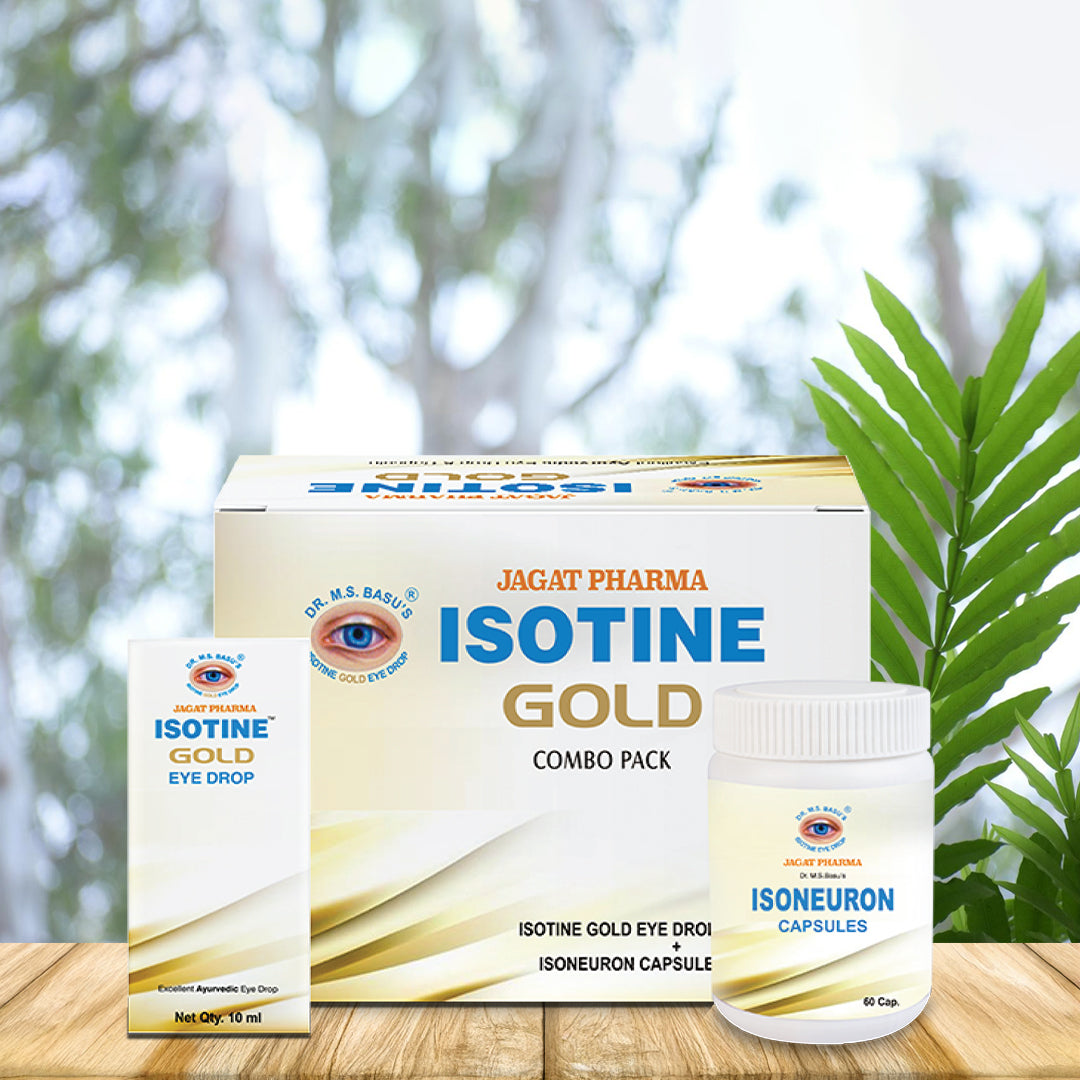Jagat Pharma Isotine Gold Eye Drops & Capsules - Empowering Vision's Strength | Swadesiicart
