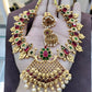 Jewel City Antique Gold Lakshmi Coin Choker Necklace Set with Ruby Red & Emerald Green Stones | Pearl Drop Temple Jewelry | Swadesiicart