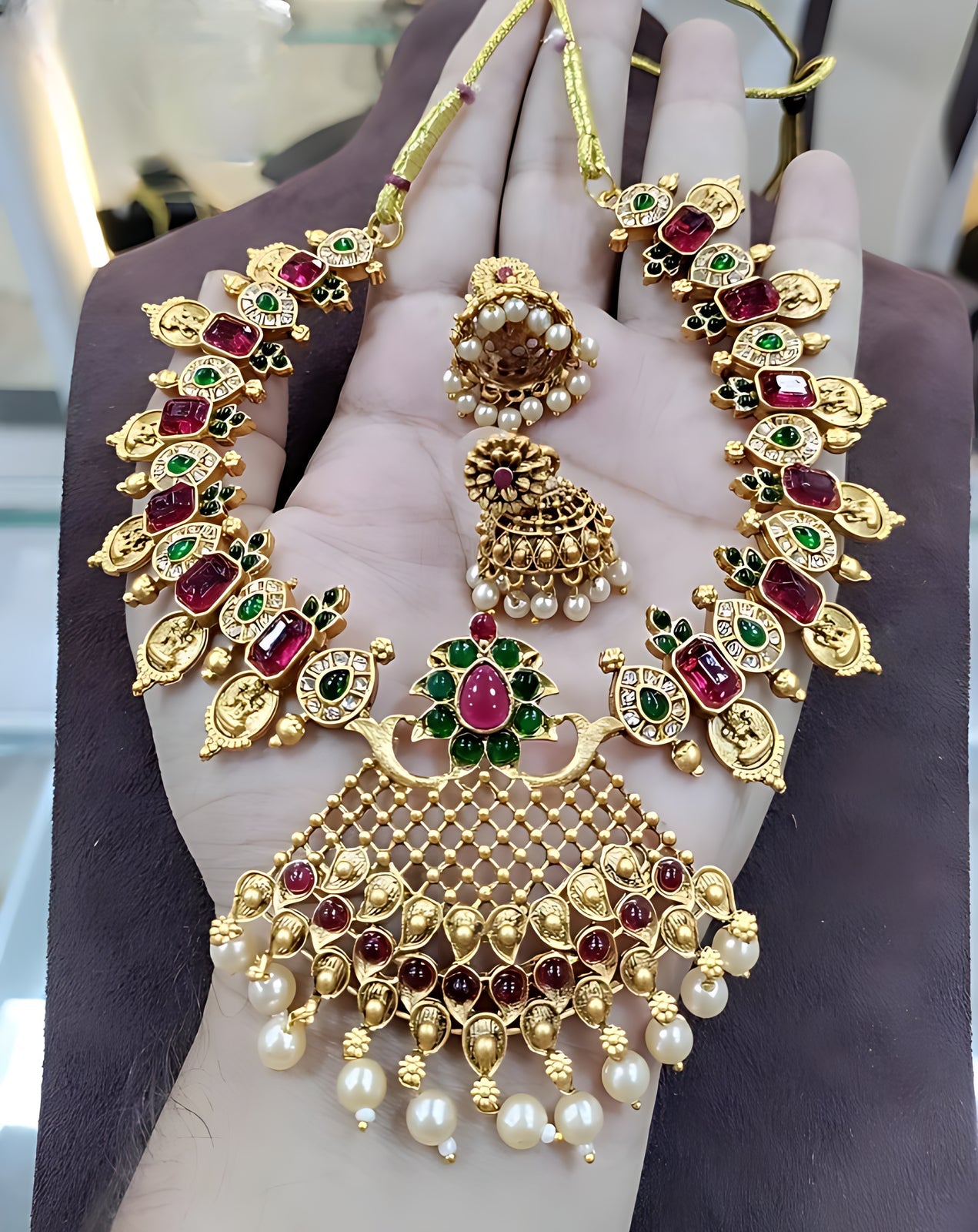 Jewel City Antique Gold Lakshmi Coin Choker Necklace Set with Ruby Red & Emerald Green Stones | Pearl Drop Temple Jewelry | Swadesiicart