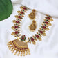 Jewel City Antique Gold Lakshmi Coin Choker Necklace Set with Ruby Red & Emerald Green Stones | Pearl Drop Temple Jewelry | Swadesiicart