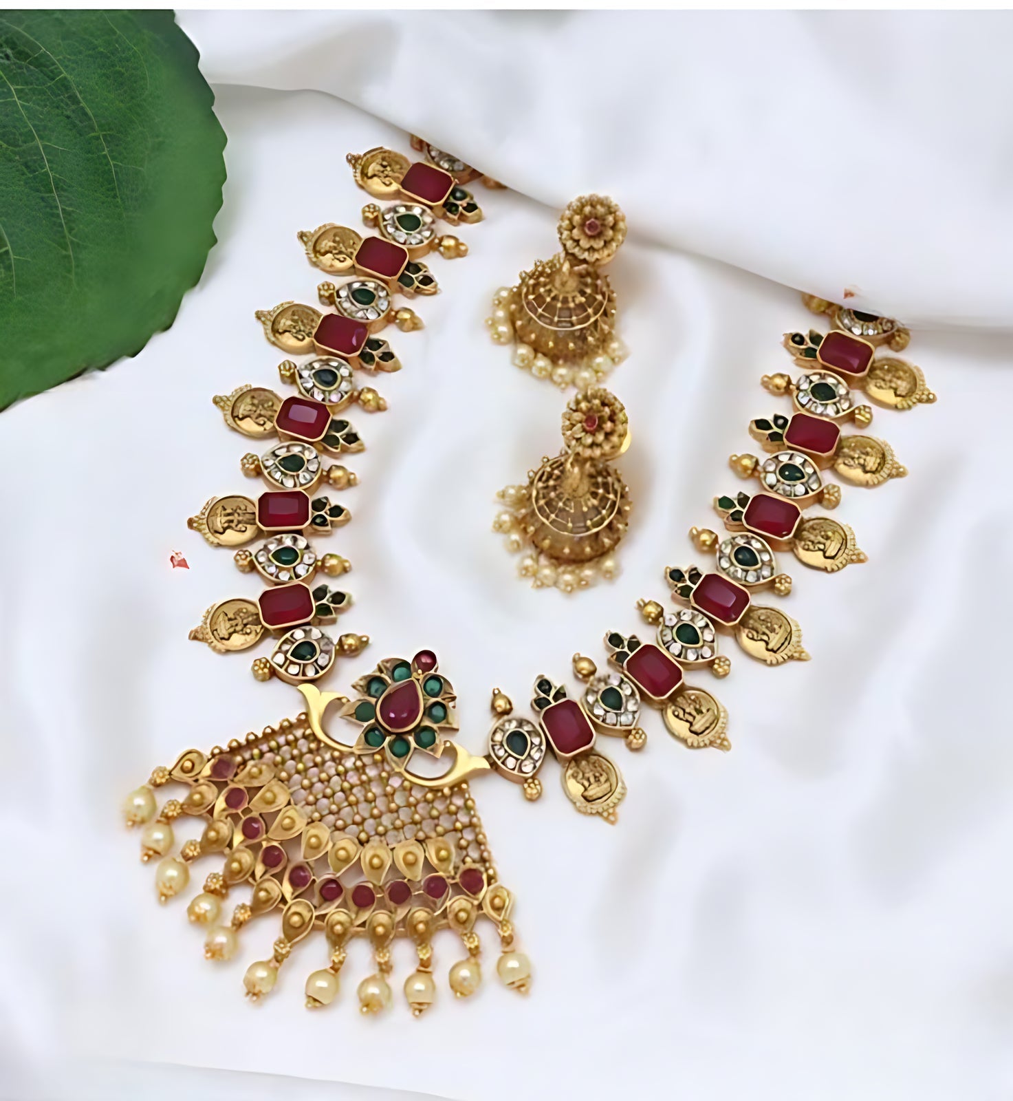 Jewel City Antique Gold Lakshmi Coin Choker Necklace Set with Ruby Red & Emerald Green Stones | Pearl Drop Temple Jewelry | Swadesiicart