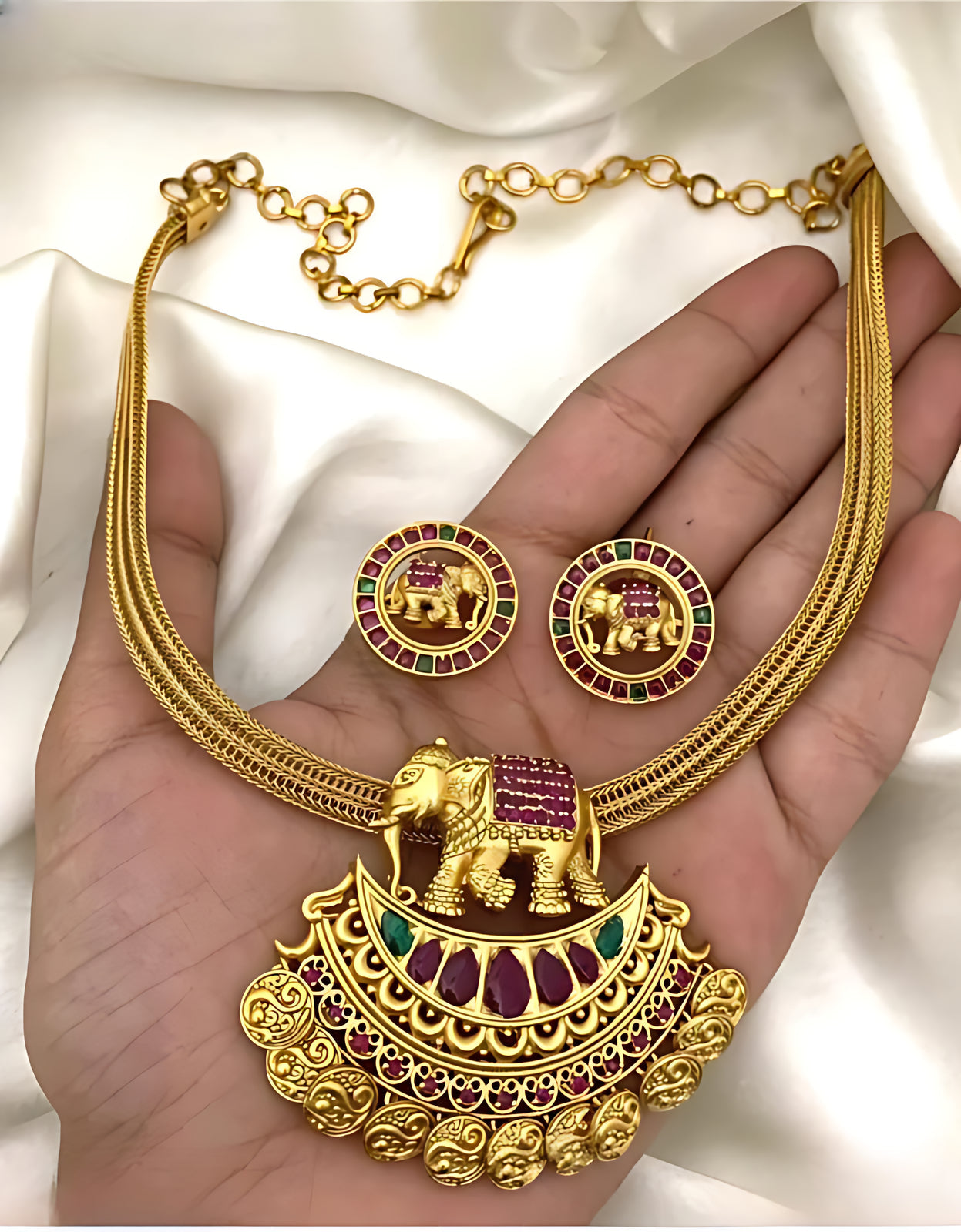Jewel City Antique Gold Elephant Pendant Necklace Set with Ruby & Green Stones | Traditional South Indian Temple Jewelry | Swadesiicart