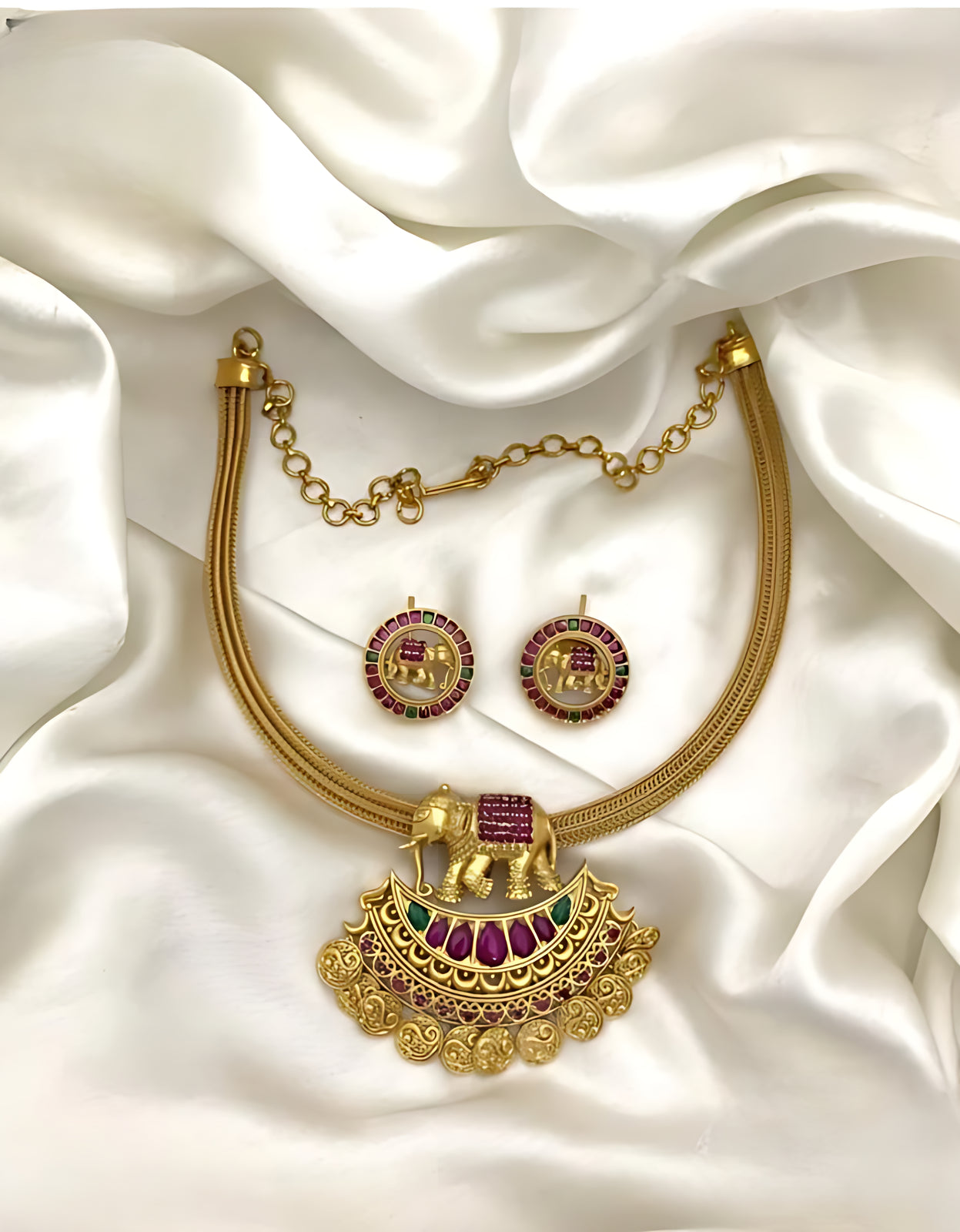 Jewel City Antique Gold Elephant Pendant Necklace Set with Ruby & Green Stones | Traditional South Indian Temple Jewelry | Swadesiicart