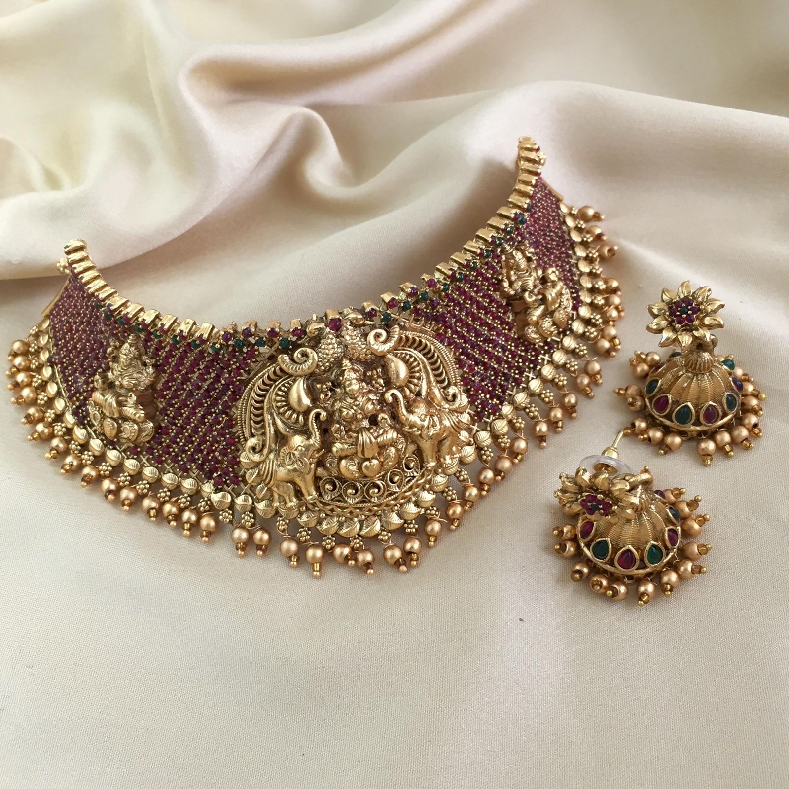Jewel City Antique Gold Temple Lakshmi Choker Set with Ruby & Emerald Stones | Traditional Bridal Kemp Jewelry Set | Swadesiicart