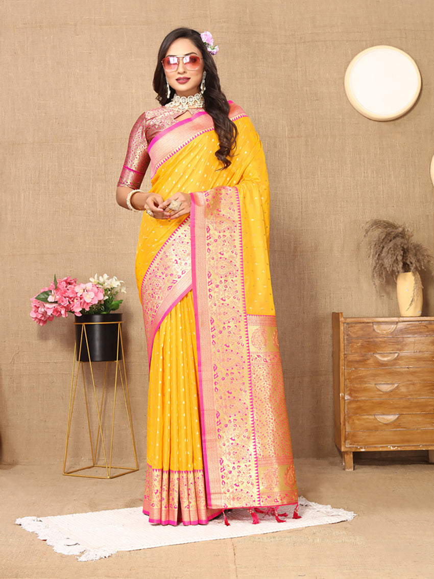 Lorenvalley Fashion Gold Soft Silk weaving Design Rich Zari Weaving Saree - Swadesiicart