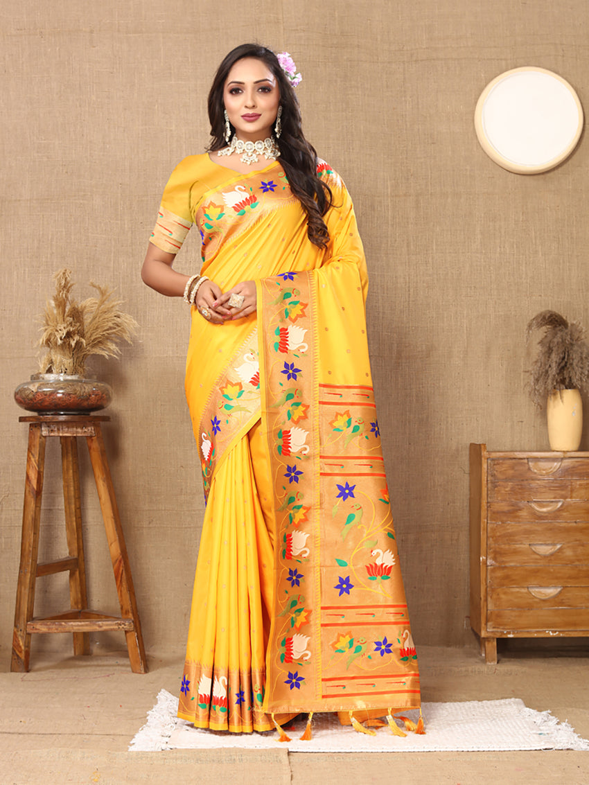 Lorenvalley Fashion Gold Soft Paithani Silk Woven Design Rich Zari Meenakari Weaving Saree - Swadesiicart