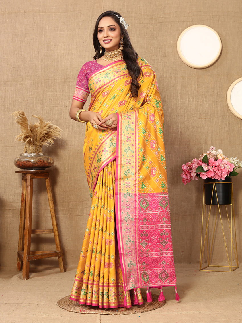 Lorenvalley Fashion Gold Patola Silk Woven Design with Zari Meenakari Weaving motifs Pallu Saree - Swadesiicart
