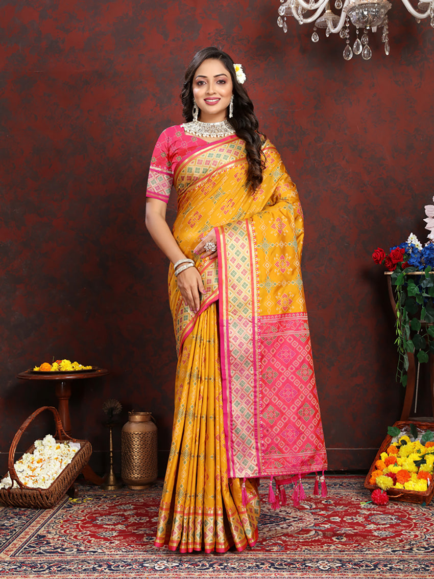 Lorenvalley Fashion Gold Patola Silk Woven Design with Zari Meenakari Weaving motifs Pallu Saree - Swadesiicart
