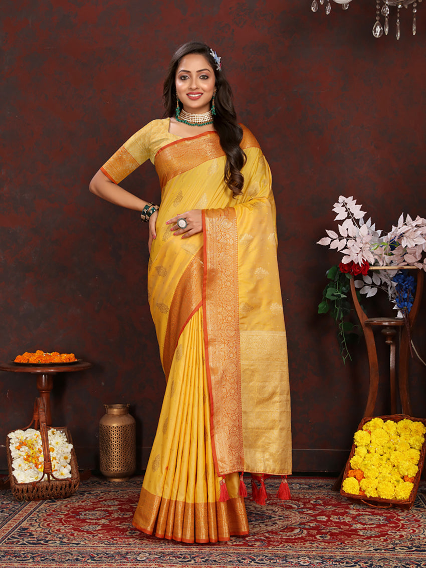 Lorenvalley Fashion Gold Soft Katan Silk Woven Design Zari Weaving Pallu Saree - Swadesiicart