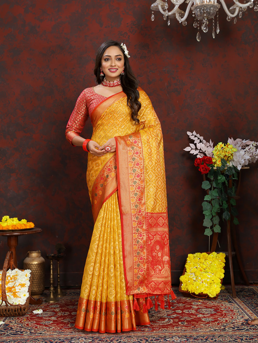 Lorenvalley Fashion Gold Organza Silk Woven Design with Rich Meenakari Weaving Pallu Saree - Swadesiicart
