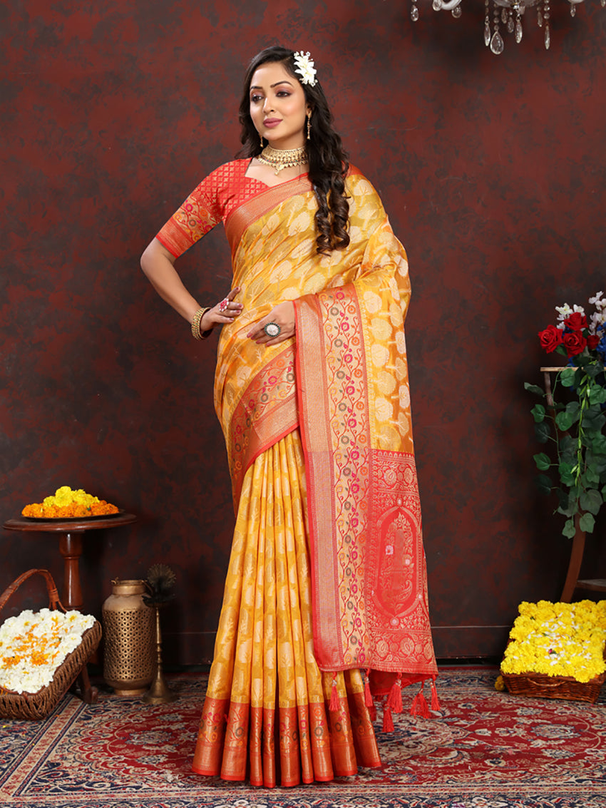 Lorenvalley Fashion Gold Organza Silk Woven Design with Rich Meenakari Weaving Pallu Saree - Swadesiicart