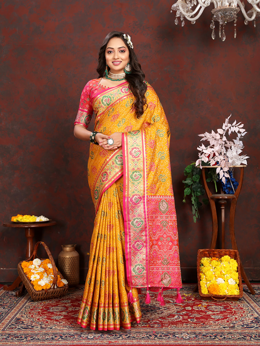 Lorenvalley Fashion Gold Patola Silk Woven Design with Zari Meenakari Weaving motifs Pallu Saree - Swadesiicart