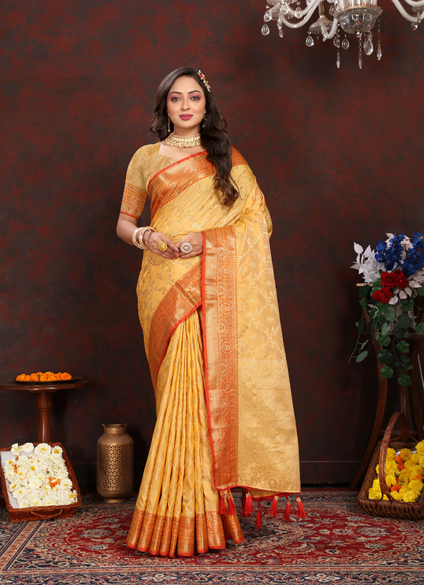 Lorenvalley Fashion Gold Soft Katan Silk Woven Design Zari Weaving Pallu Saree - Swadesiicart
