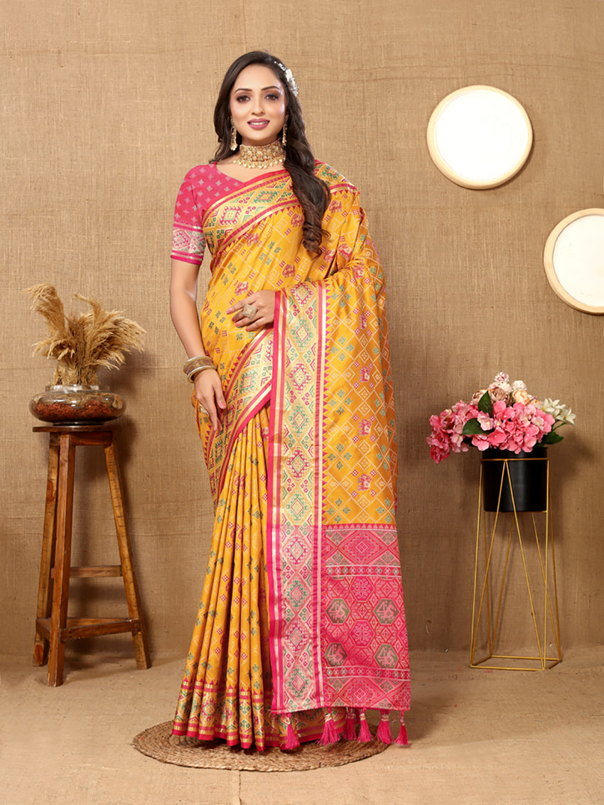 Lorenvalley Fashion Gold Patola Silk Woven Design with Zari Meenakari Weaving motifs Pallu Saree - Swadesiicart