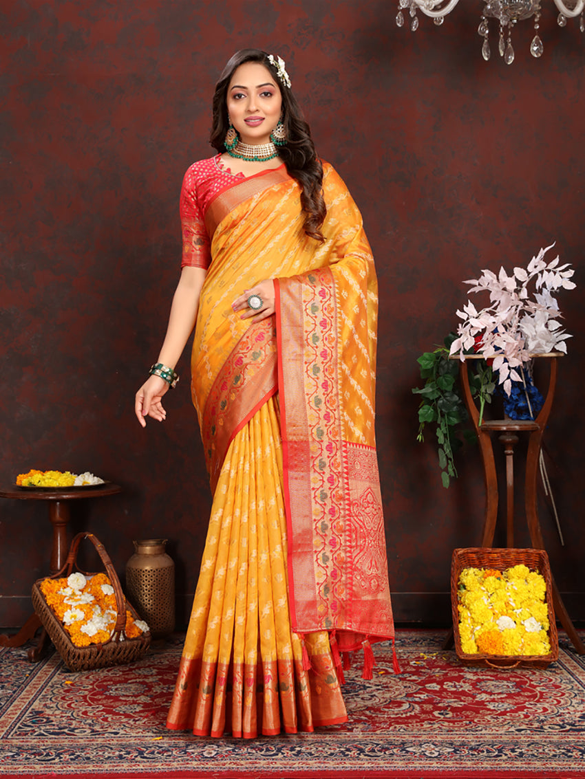 Lorenvalley Fashion Gold Organza Silk Woven Design with Rich Meenakari Weaving Pallu Saree - Swadesiicart