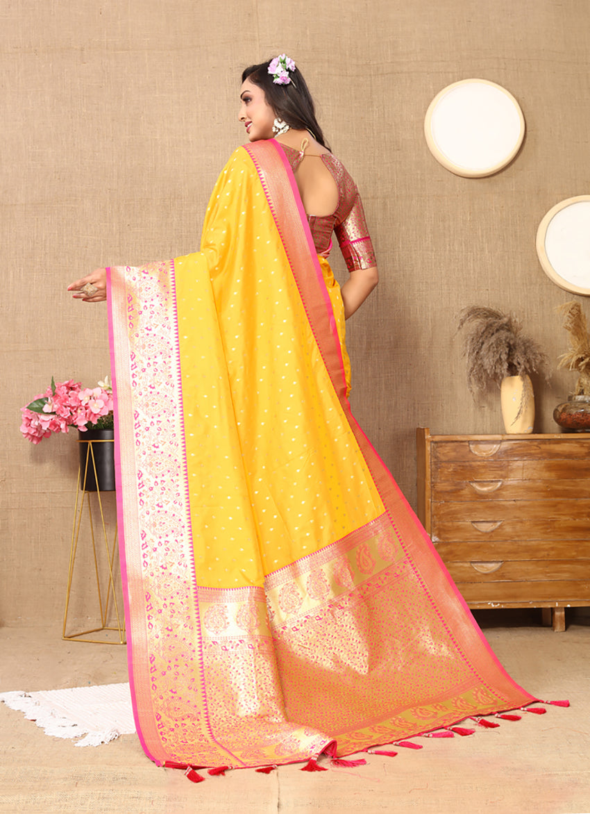 Lorenvalley Fashion Gold Soft Silk weaving Design Rich Zari Weaving Saree - Swadesiicart