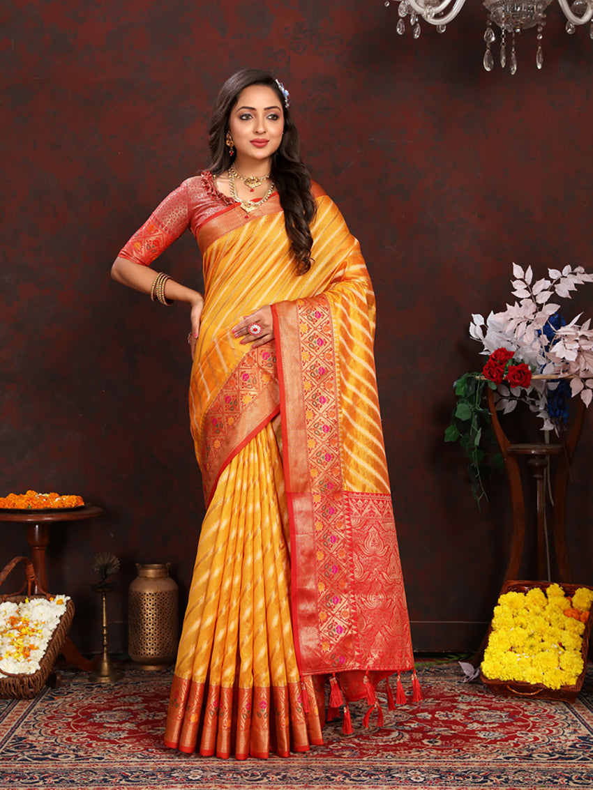 Lorenvalley Fashion Gold Organza Silk Woven Design with Rich Meenakari Weaving Pallu Saree - Swadesiicart